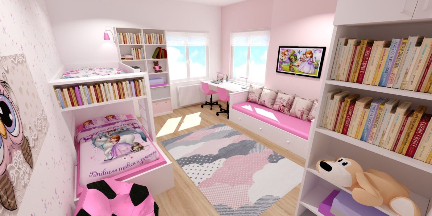Růžový pokoj pro 3 děti